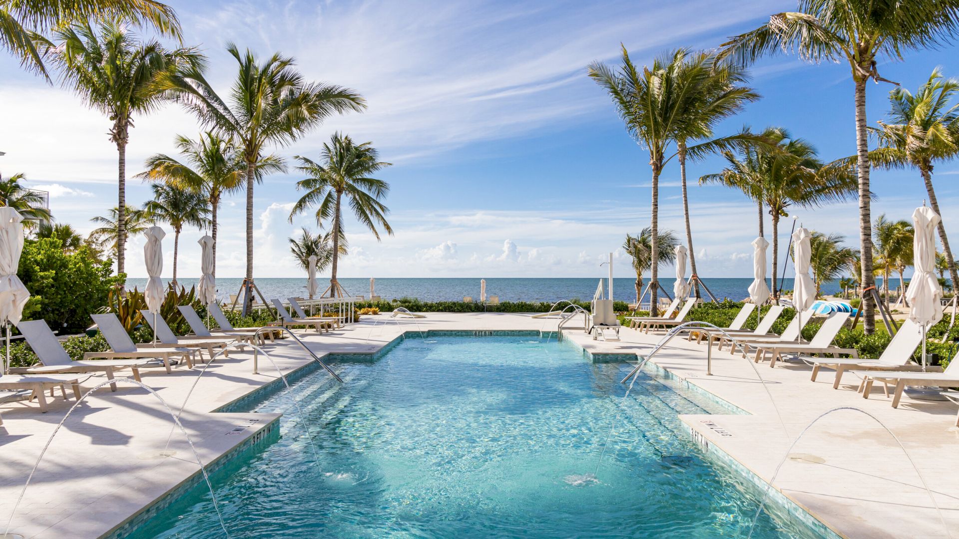A luxurious poolside scene with lounge chairs, palm trees, and a beautiful view of the ocean under a blue sky, creating a tropical paradise setting.