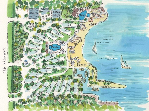 The image depicts a hand-drawn map of a coastal resort, showing pools, a marina, beaches, and various recreational areas. Sailboats are on the water.