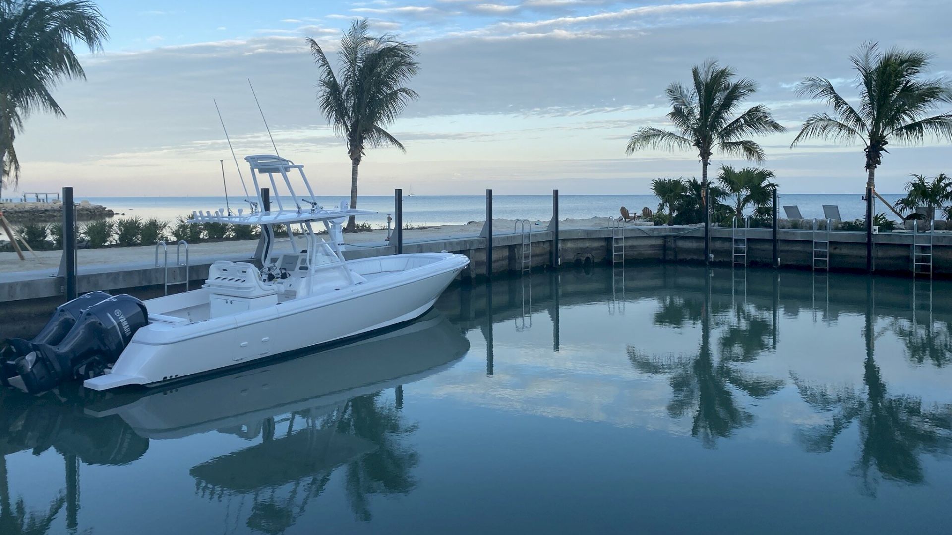 A white boat floating in a calm dock surrounded by palm trees, with clear skies and the ocean in the background, creating a serene scene.