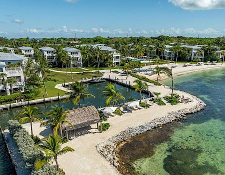 A tropical beachfront area with clear waters, palm trees, a small hut, and residential buildings in the background, under a blue sky.
