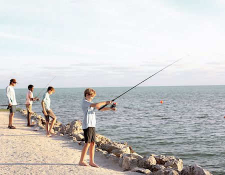 Four people are fishing on a rocky shoreline by the sea, holding rods and looking towards the water.