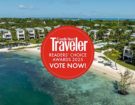 Aerial view of a coastal resort area with a beach and greenery. A "Cond&eacute; Nast Traveler" 2025 awards voting badge is overlaid on the image.