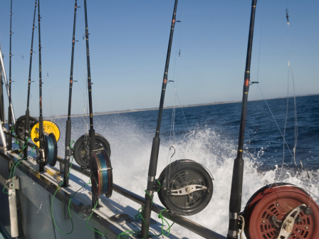 Fishing rods are lined up on a boat, with the sea in the background and waves splashing beside them.