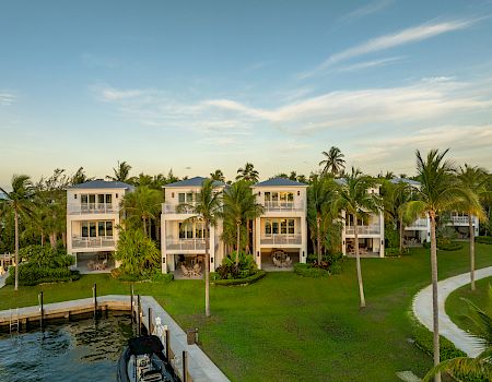 The image shows several beachfront houses surrounded by palm trees, with a path and a waterway in the foreground under a clear blue sky.