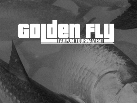 Logo reading &ldquo;Golden Fly Tarpon Tournament&rdquo; over a grayscale photo of a large fish (tarpon) on a boat or water.