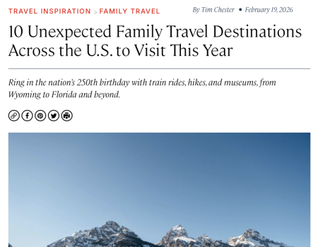 Snowy mountains and a few skiers in a valley under a clear blue sky, with a caption about unique travel destinations to visit this year.