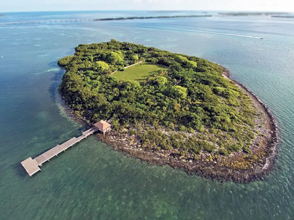 A small, tree-covered island with a rocky shoreline, a long wooden dock, a grassy inner area, and calm surrounding sea, bathed in sunlight.