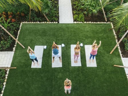 A group of people practice yoga on mats outdoors, surrounded by palm trees and greenery, viewed from above.