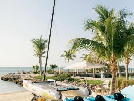 A beach scene with light blue kayaks lined up on the sand, palm trees, a calm sea, and a tall pole or mast by a shaded seating area, under a clear sky.