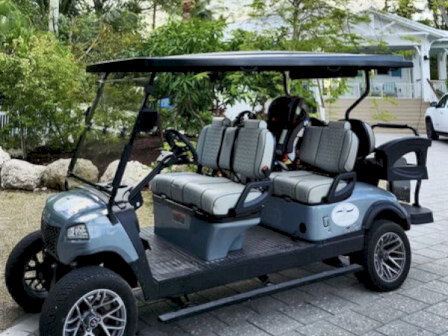 A blue golf cart with four seats and a sun canopy parked on a driveway, ready for a round of golf.