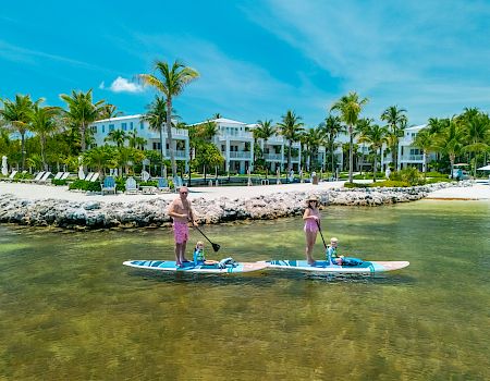 Two people stand on a paddleboard with a dog on a sunny tropical beach, palm trees, white buildings, and clear water in the background.