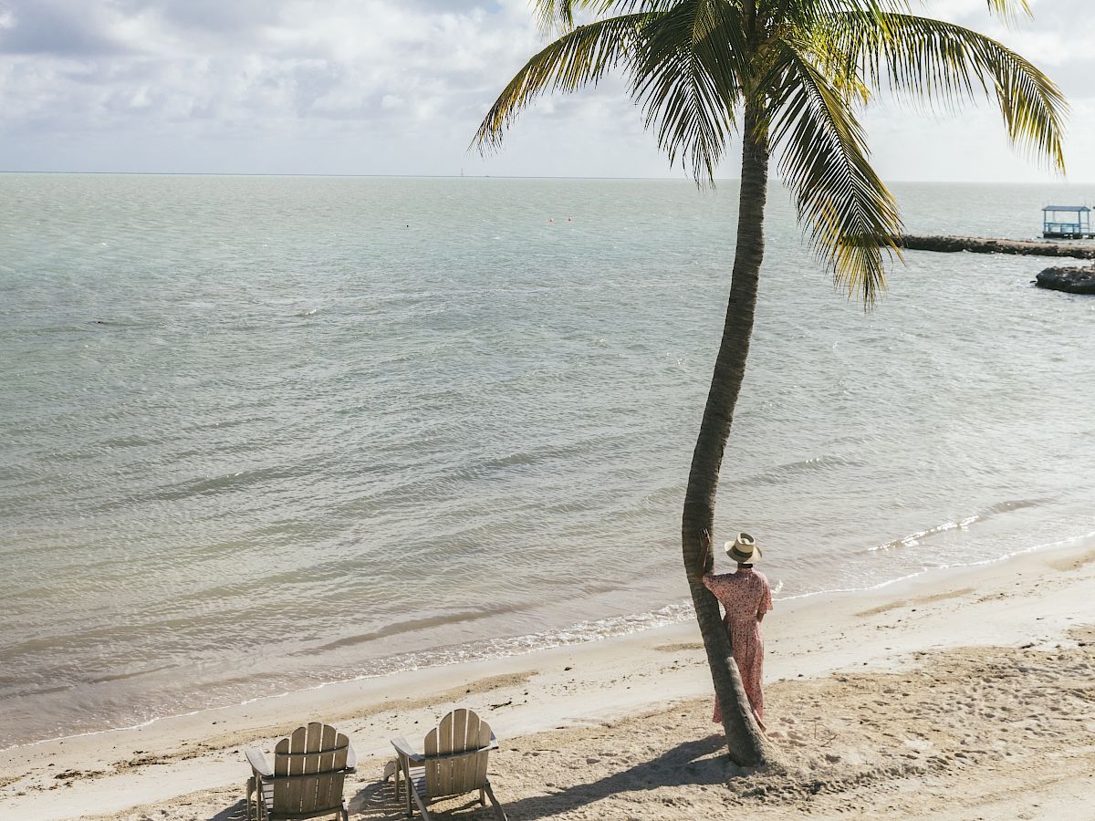 A lone palm tree leans over a sandy beach with chairs, calm ocean waves, and big fluffy clouds under a bright blue sky.