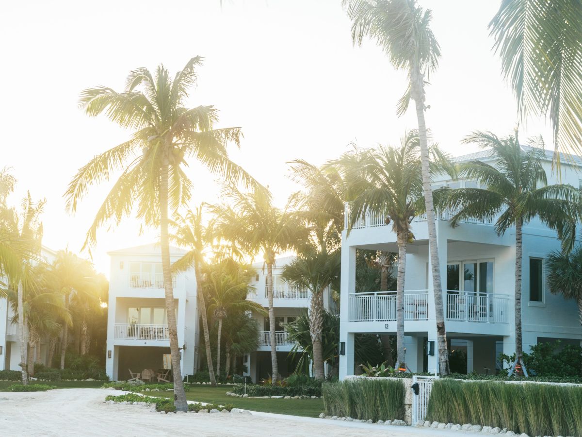 Palm trees sway beside bright white resort buildings in warm sunrise light, creating a tropical vacation scene.